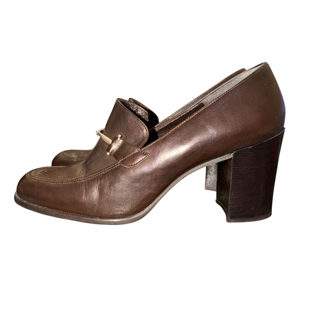 Vtg Y2K Nine West Heeled Loafers Women’s Size 9 M Briwn Leather Chunky Shoes